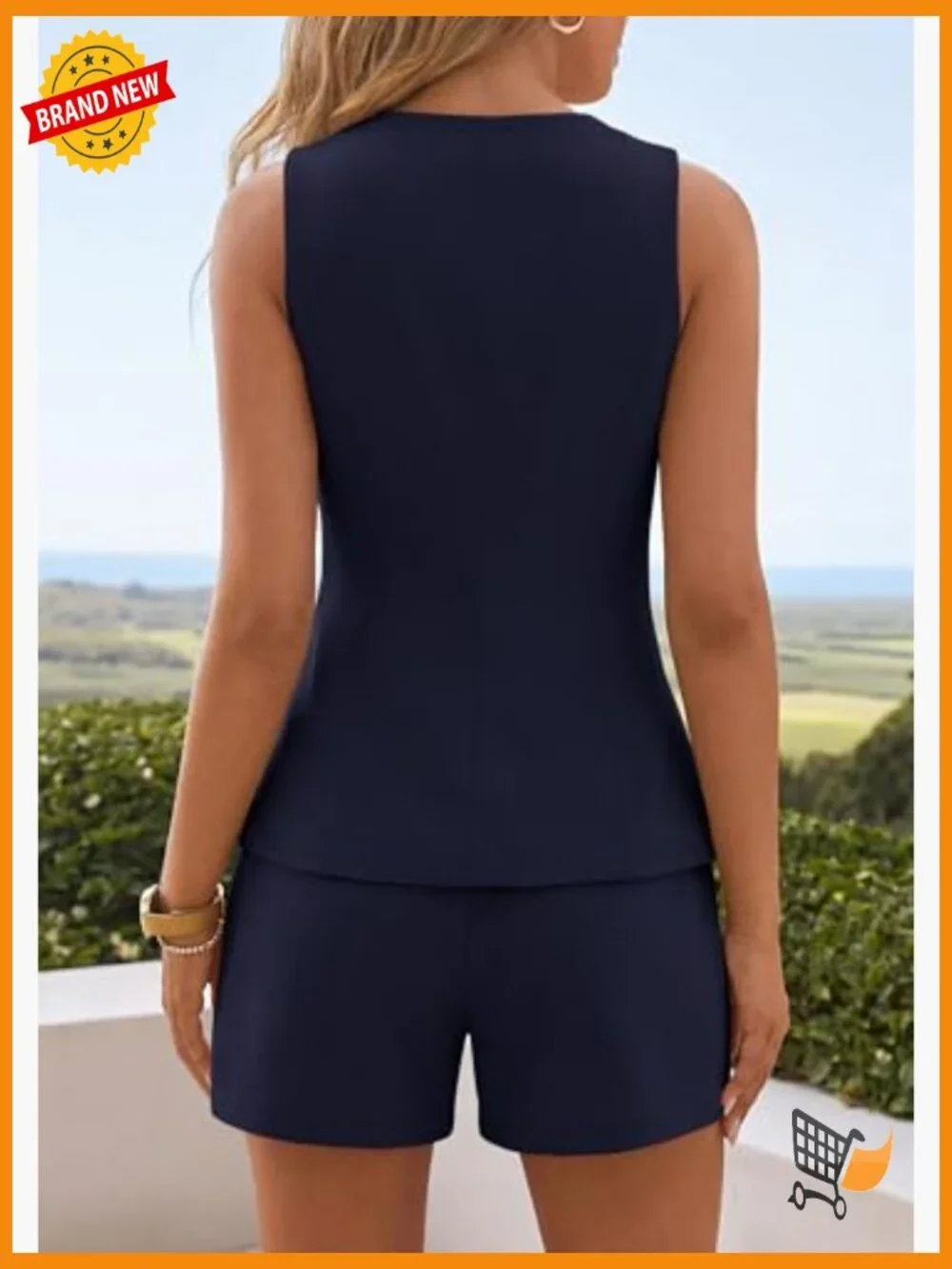 Matching Two Piece Set Vest Top and Shorts Summer Outfits Sleeveless Square Neck
